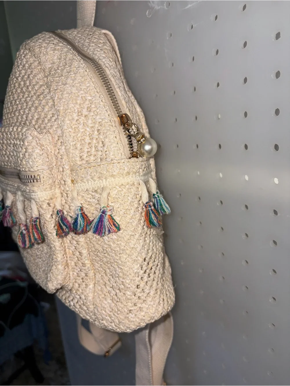 Cream Woven Tassel Accent Backpack - Women